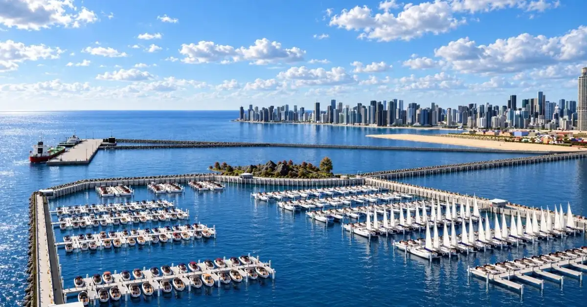 Conceptual aerial view of a yacht marina with floating berths, breakwaters, sailing boats and waterfront buildings, representing the Victoria Dock marina project in Mumbai.