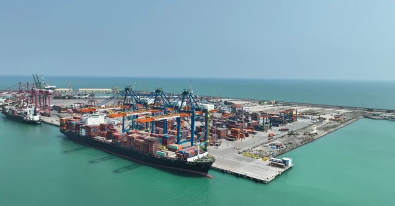 Aerial view of VOC Port in Thoothukudi showing container ships berthed alongside gantry cranes, cargo stacks and terminal infrastructure.